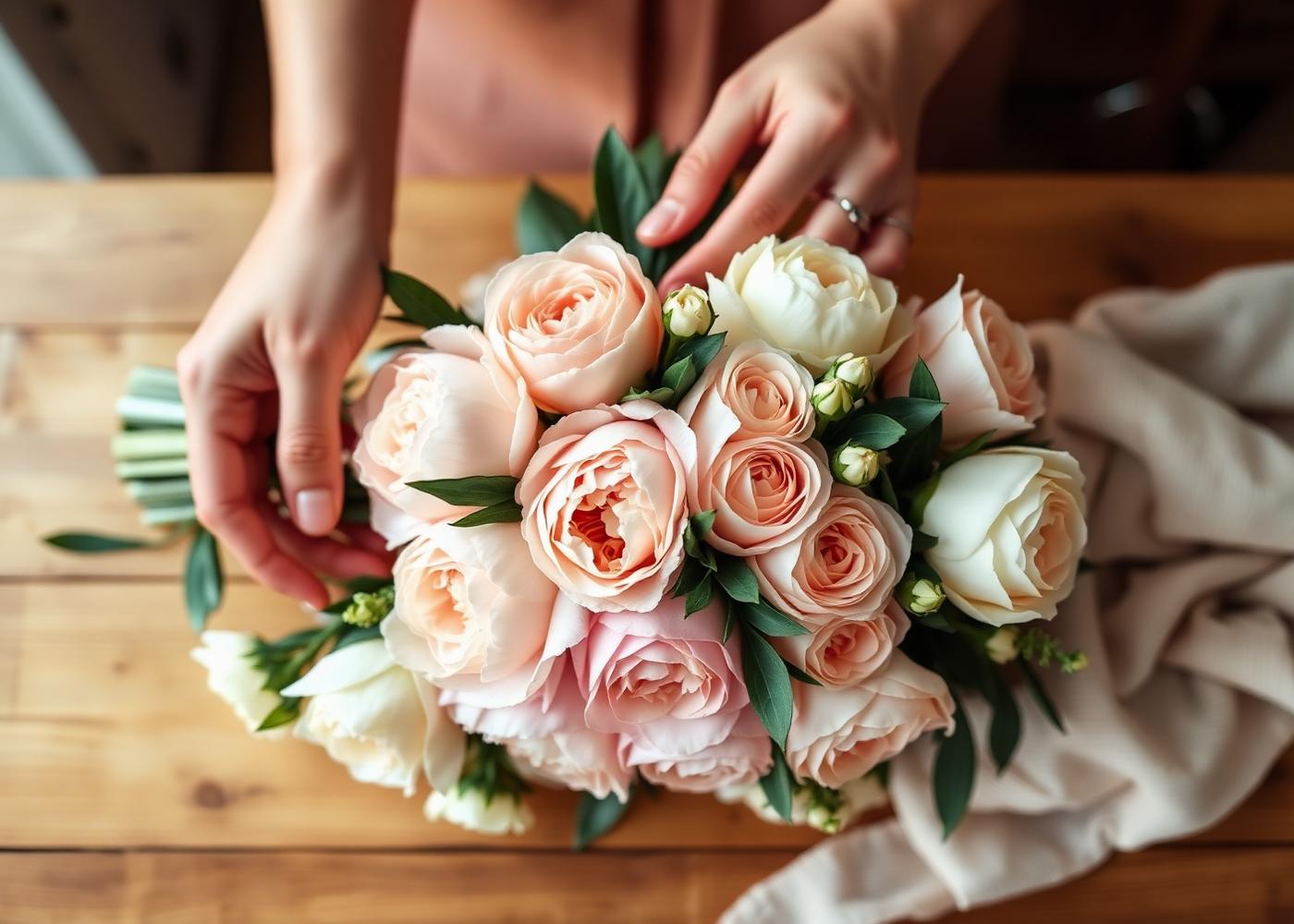 Hands arranging a bouquet of blush peonies and roses